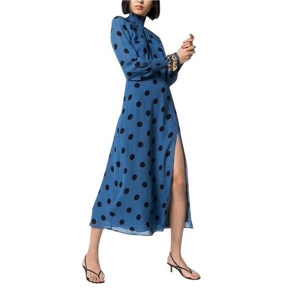 Reformation Valentin Blue & Black Polka-dot High Neck Midi Dress - Picture 8 of 14